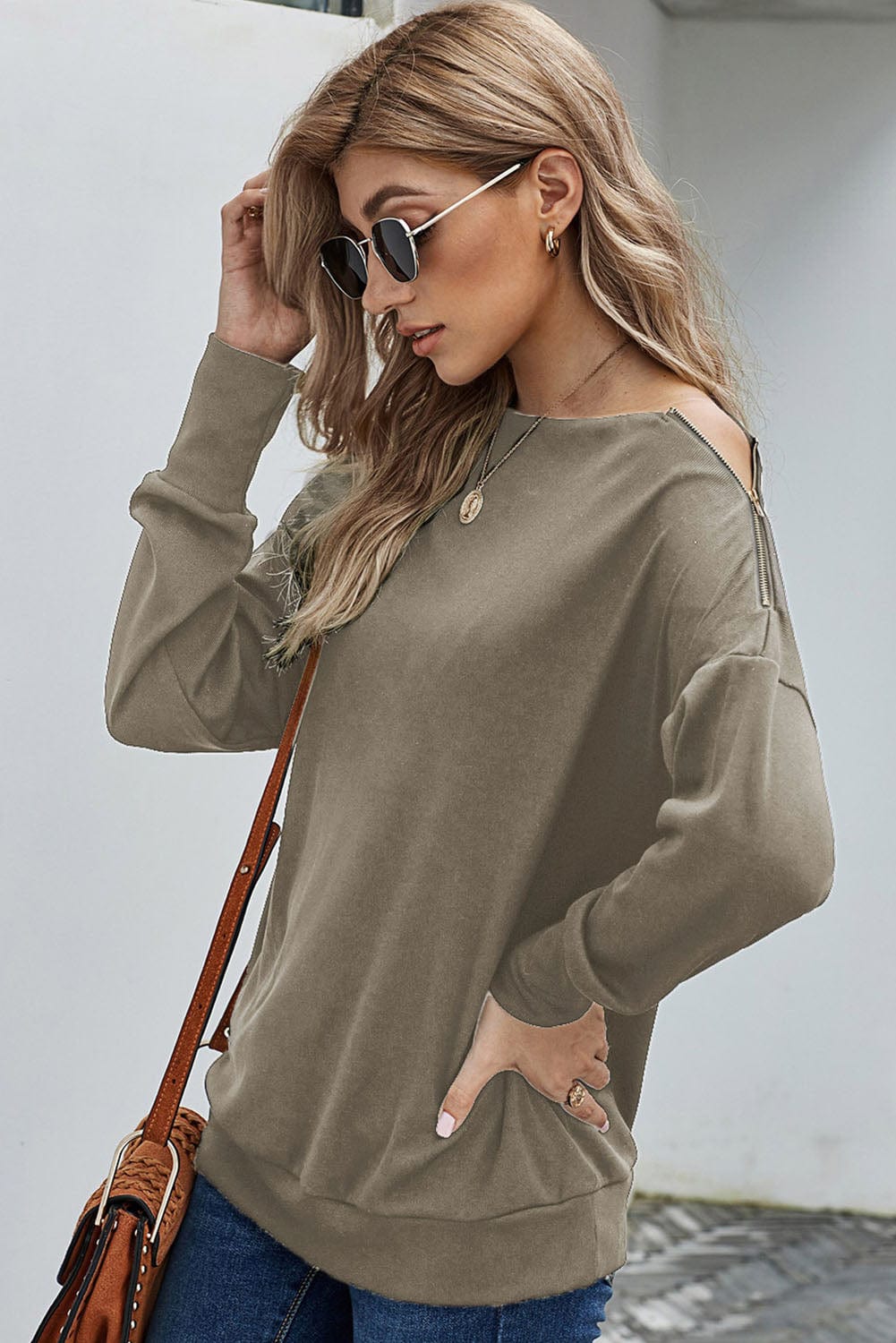 Zipper Detail Boat Neck Dropped Shoulder Sweatshirt - Body By J'ne