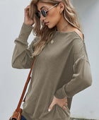 Zipper Detail Boat Neck Dropped Shoulder Sweatshirt - Body By J'ne